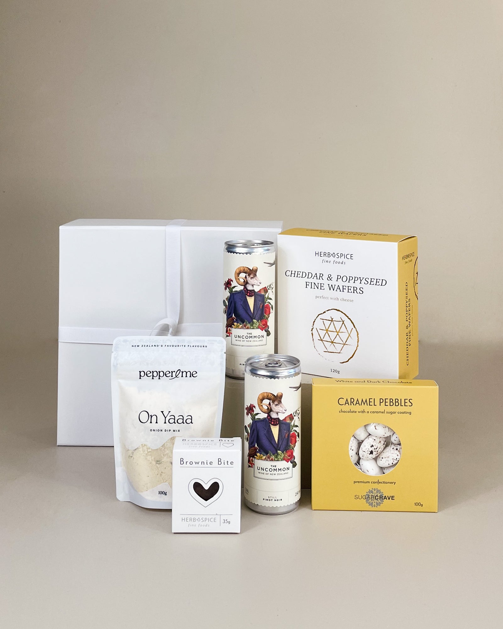 Sending Love Gift Box featuring New Zealand Pinot Noir wine, artisan fudge, gourmet treats, and luxury gift packaging.