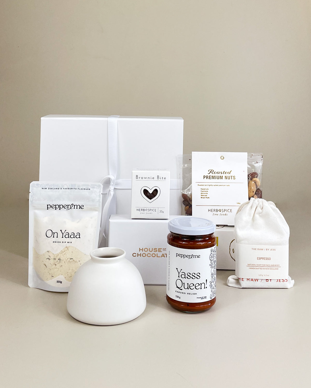 Luxury Shades of White Gift Box NZ featuring artisan chocolate, Ned Collections decorative vase, organic handmade soap, and elegant premium gift packaging.