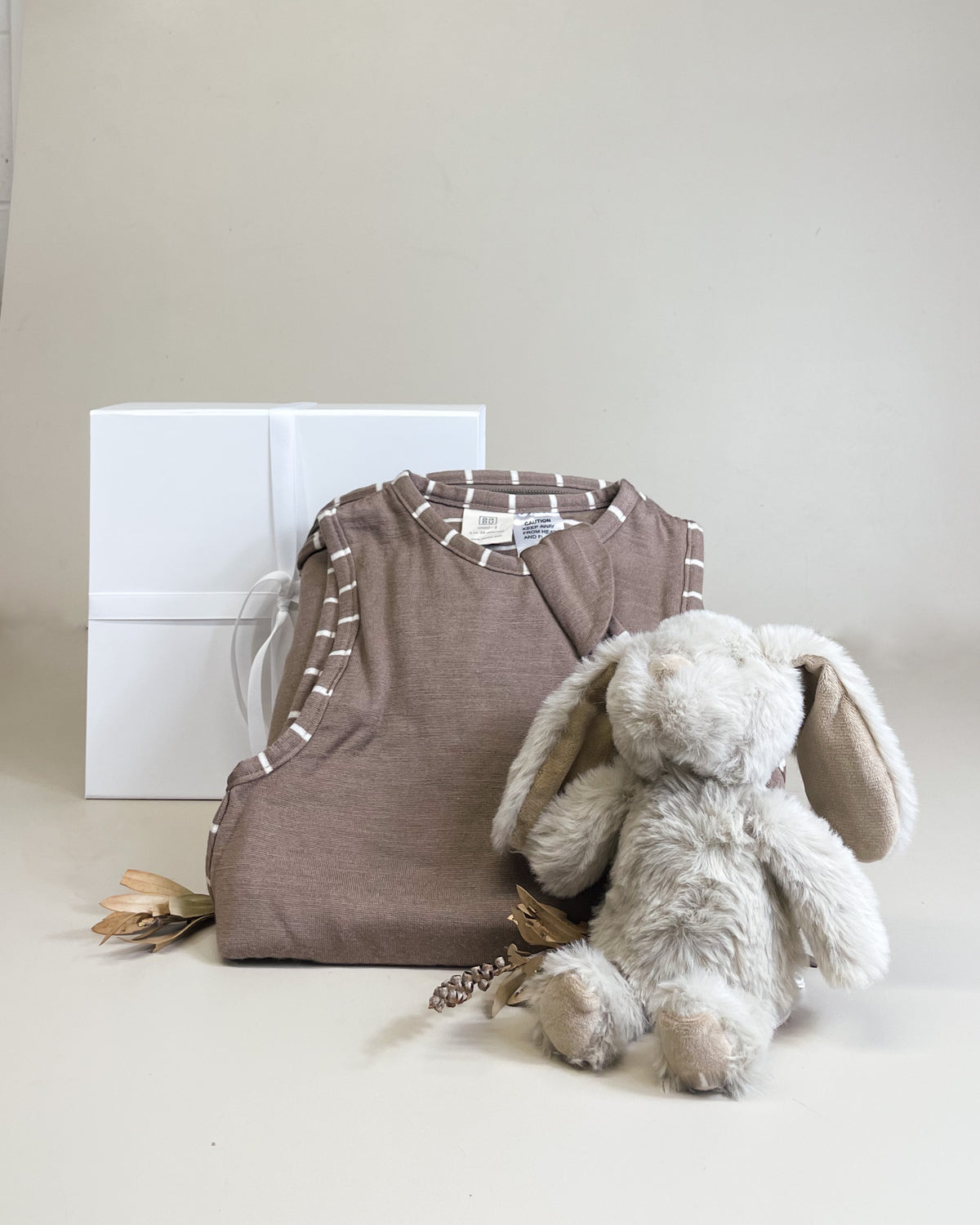 Sleeping Baby Gift Box with merino sleeping bag and fluffy bunny soft toy for newborn baby comfort and sleep NZ