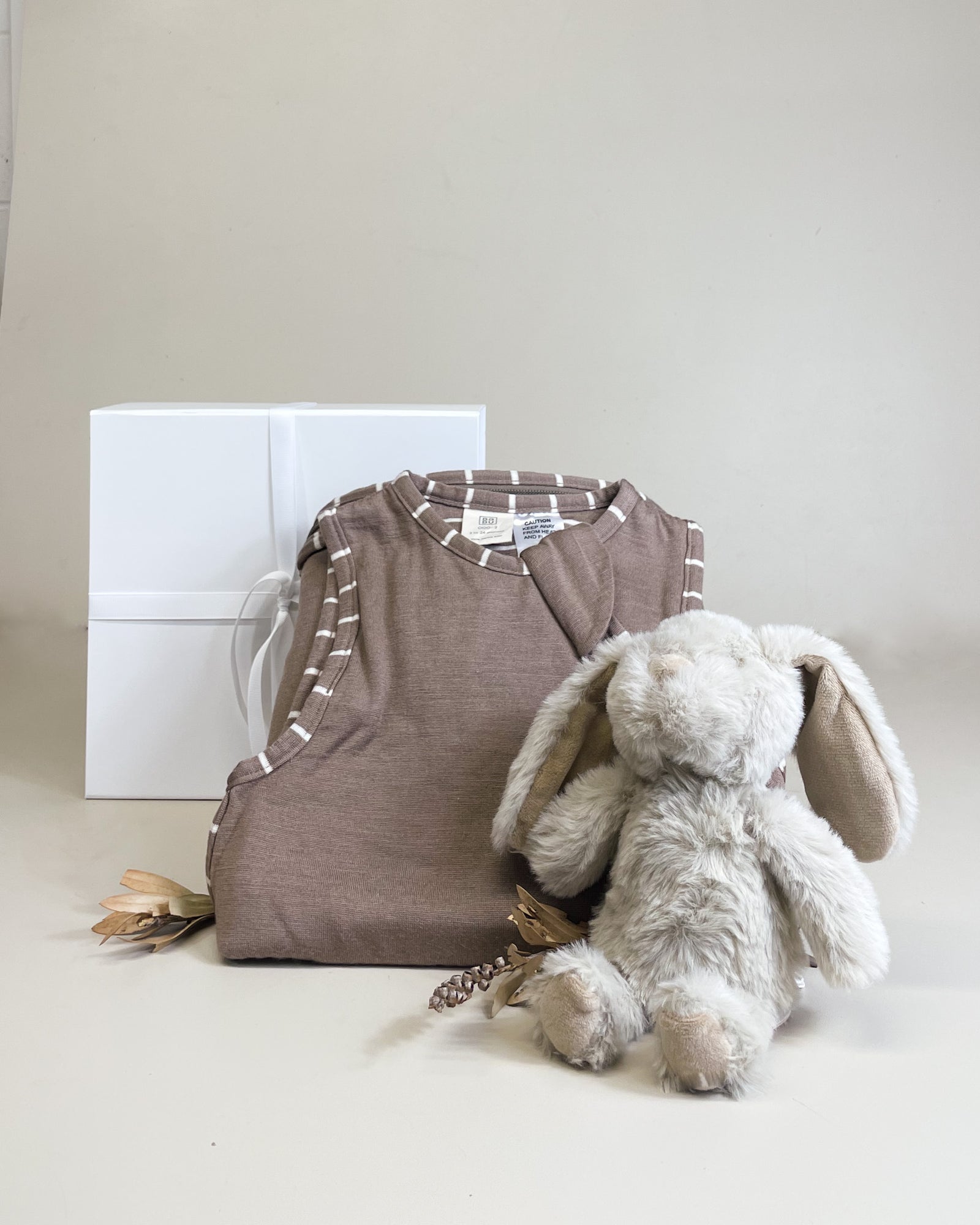 Sleeping Baby Gift Box with merino sleeping bag and fluffy bunny soft toy for newborn baby comfort and sleep NZ
