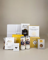 Luxury gourmet food and wine gift box with premium New Zealand wine, artisan treats, chocolate, crackers and gourm