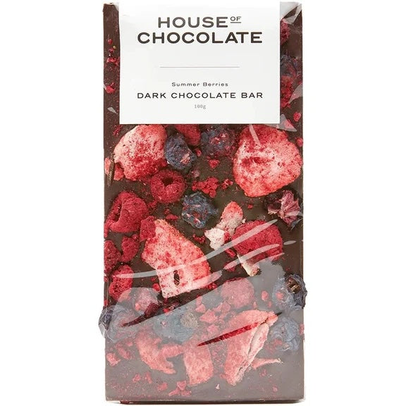 House of Chocolate 55% dark chocolate tablet topped with freeze-dried strawberries, blueberries and raspberries