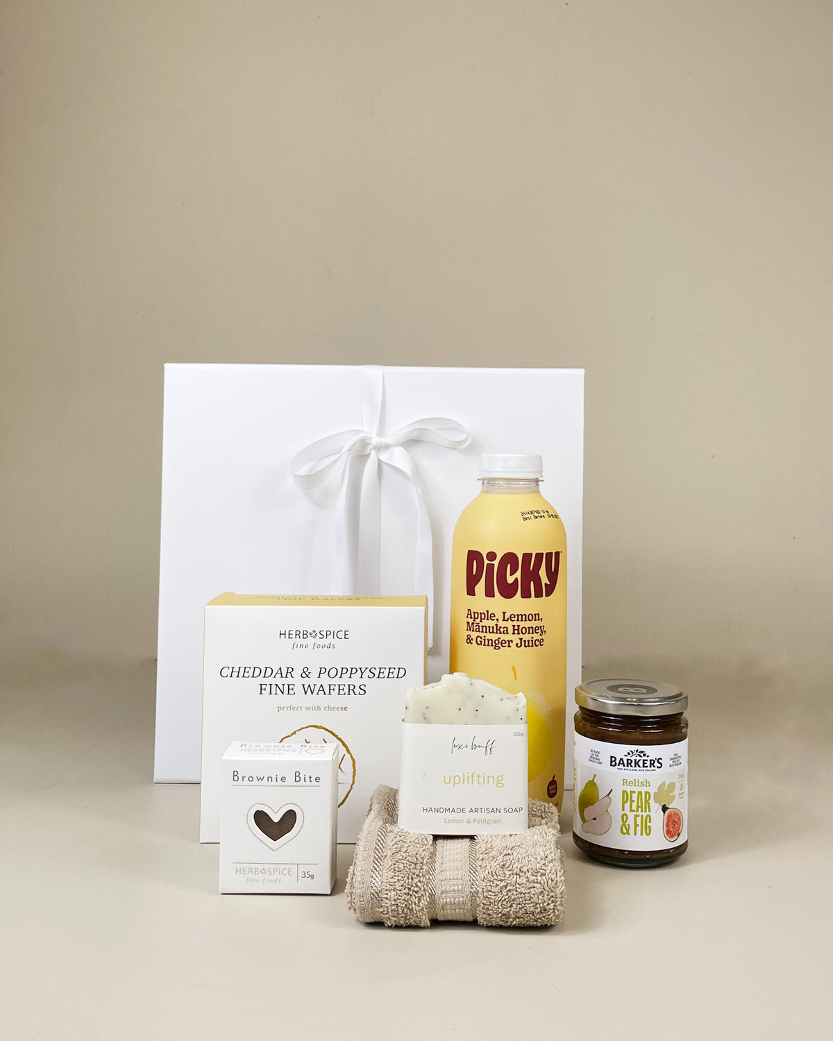 Take Care Gift Box with Picky juice, Barker's Pear & Fig Relish, crispy wafers and natural soap in a white gift bo