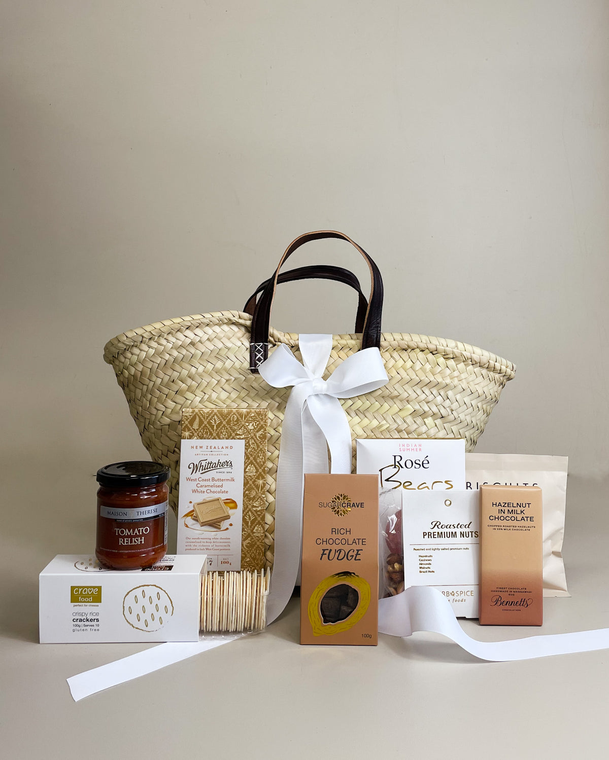 Fabulous NZ made gourmet artisan food gift basket with chocolate, fudge and premium treats, beautifully presented for delivery across New Zealand