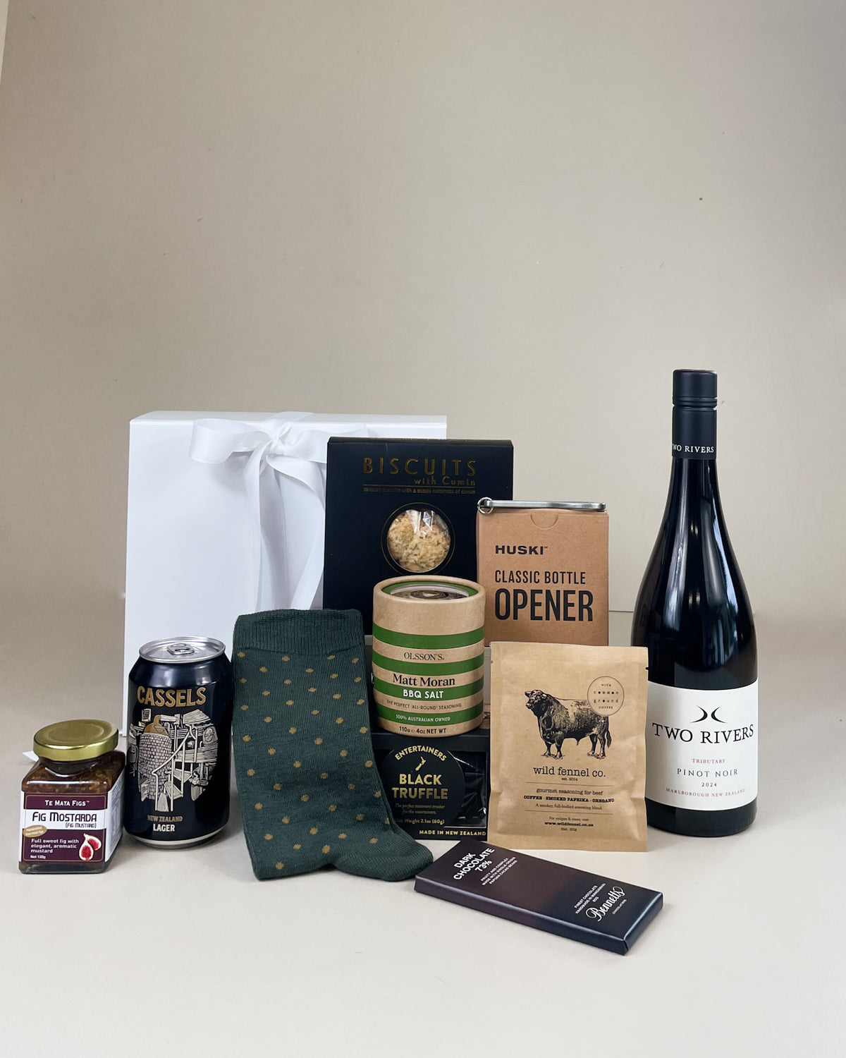 The Gentleman’s Gift Box featuring premium New Zealand artisan food and thoughtful treats, beautifully presented as a luxury gift for him.
