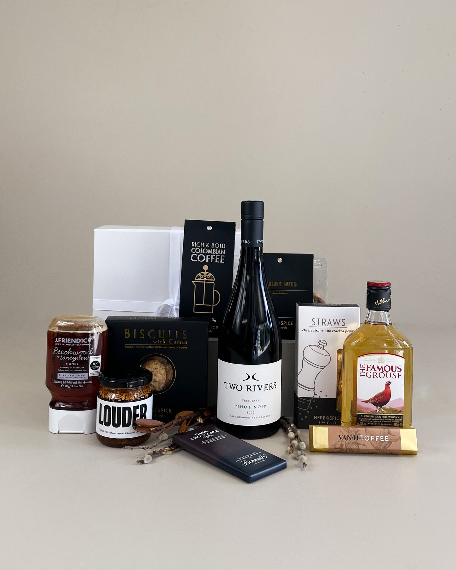 Gentleman’s Gift Box with NZ-made gourmet treats, small bottle of whisky, and quality wine, perfect for birthdays, corporate gifting, or client appreciation.