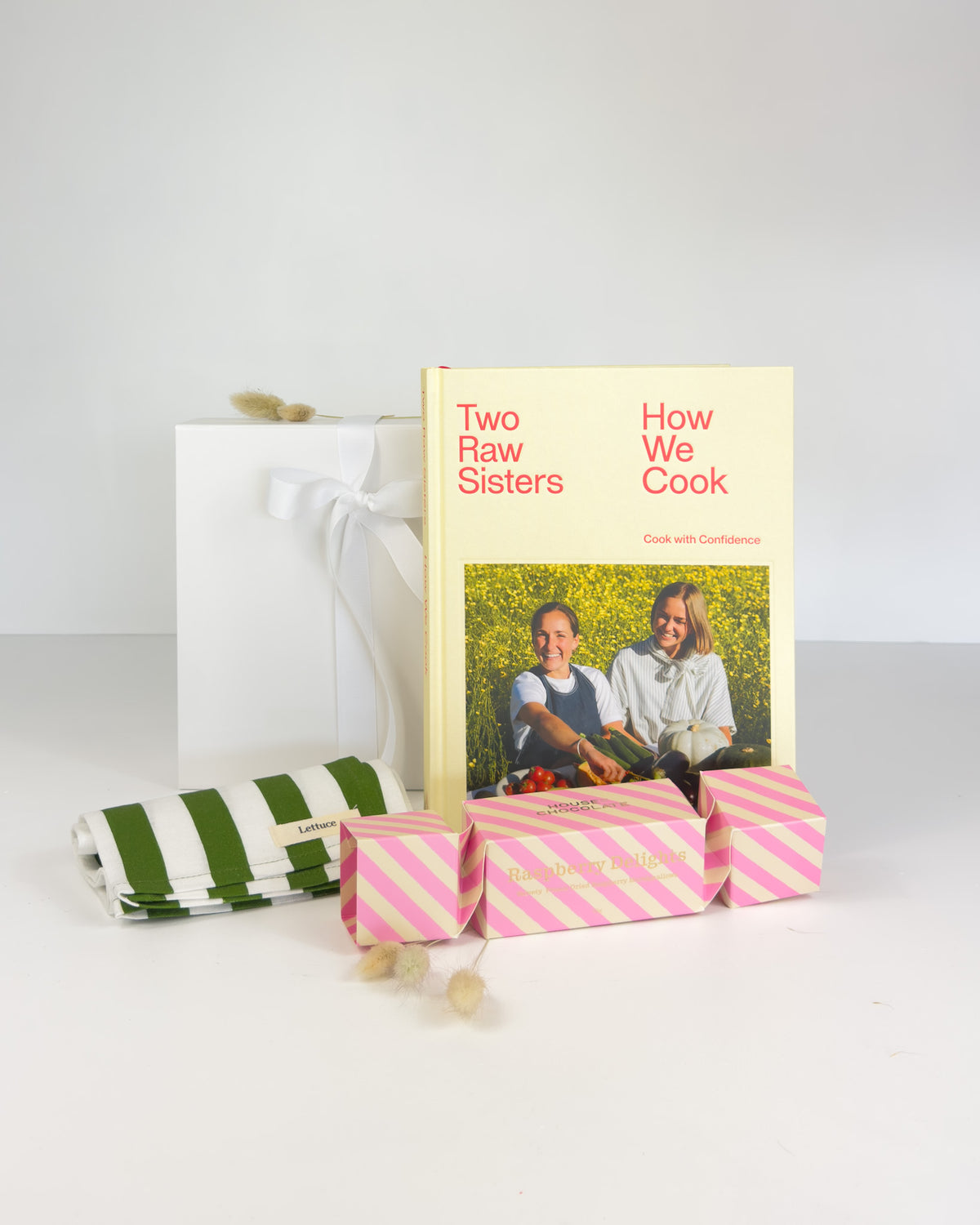 Love to Cook Gift Box with Two Raw Sisters cookbook, Father Rabbit tea towel and House of Chocolate marshmallow, beautifully presented in a gift box