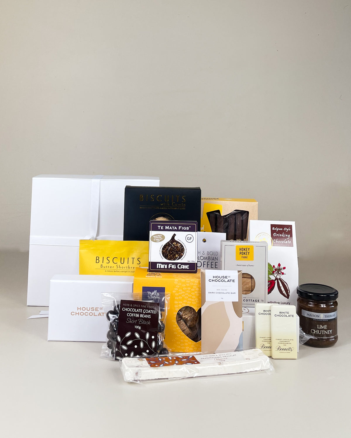 New Zealand-themed food gift box with coffee, chocolates and cookies