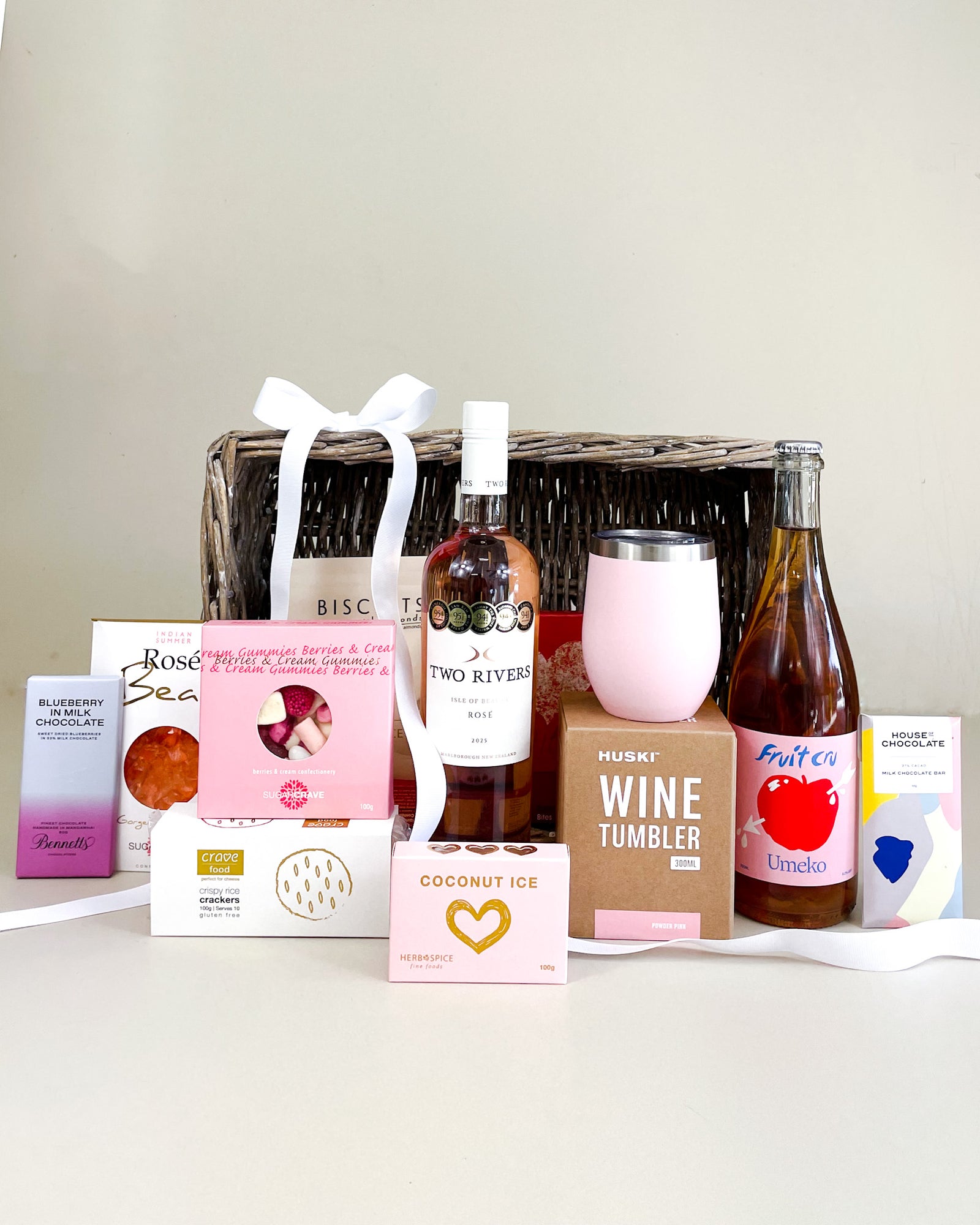 Luxury Mother’s Day gift basket with NZ wine, artisan food and Huski tumbler