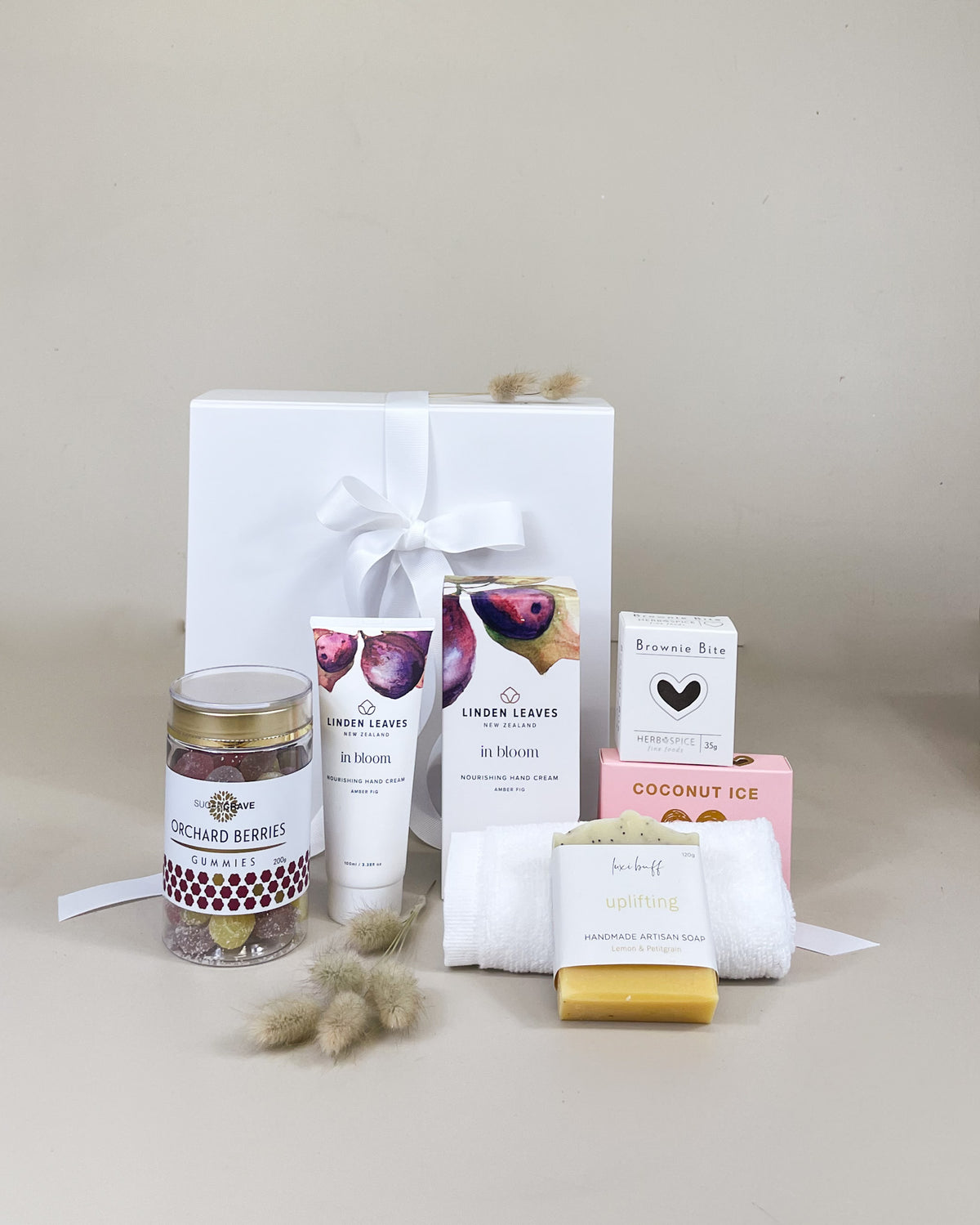 NZ self-care gift box for her with Hābs cream, natural soap, coconut ice and berry gummies