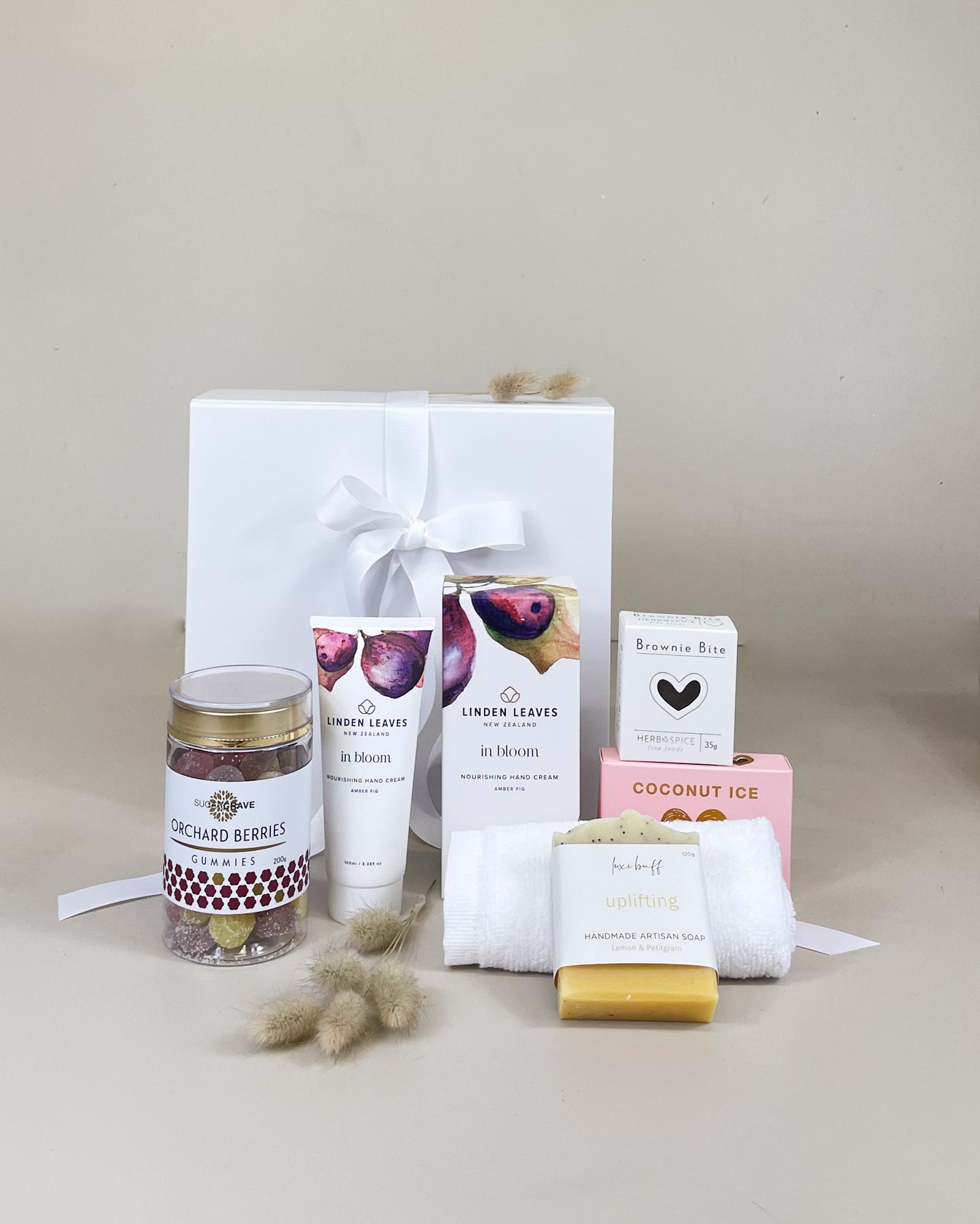 NZ self-care gift box for her with Hābs cream, natural soap, coconut ice and berry gummies