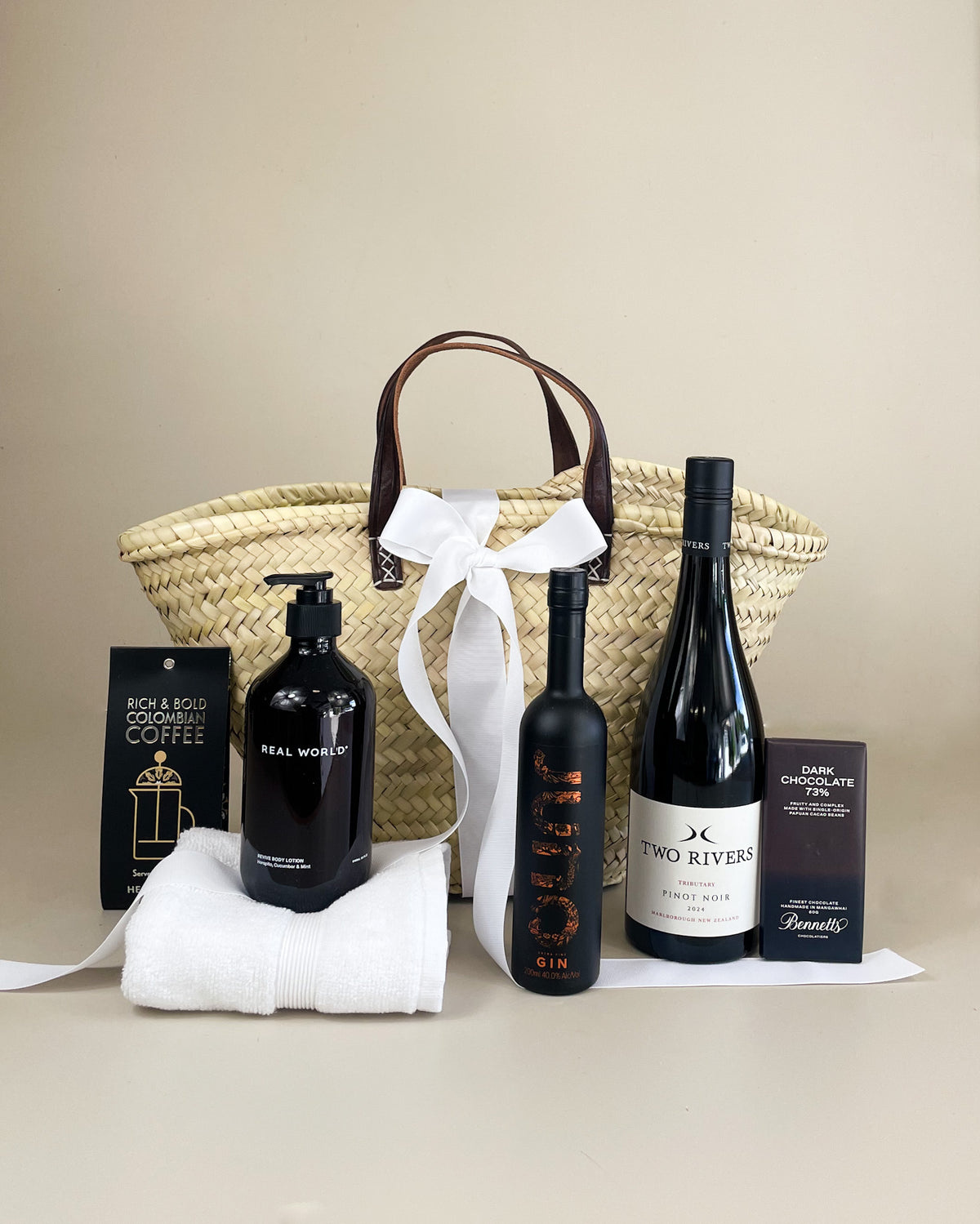 Signature NZ Indulgence Gift Basket with New Zealand wine, artisan gin, handmade chocolates and natural body care