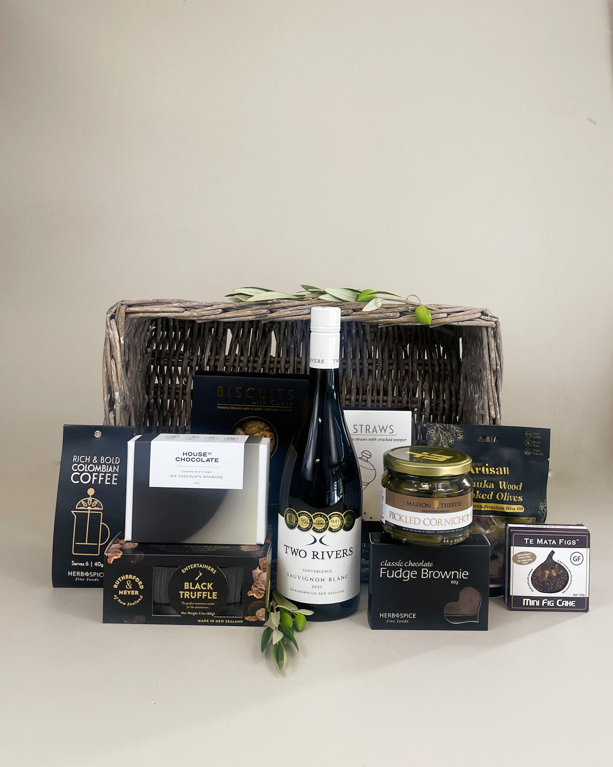 Ultimate wine and food gift basket NZ with premium New Zealand wine and artisan gourmet treats luxury hamper gift box