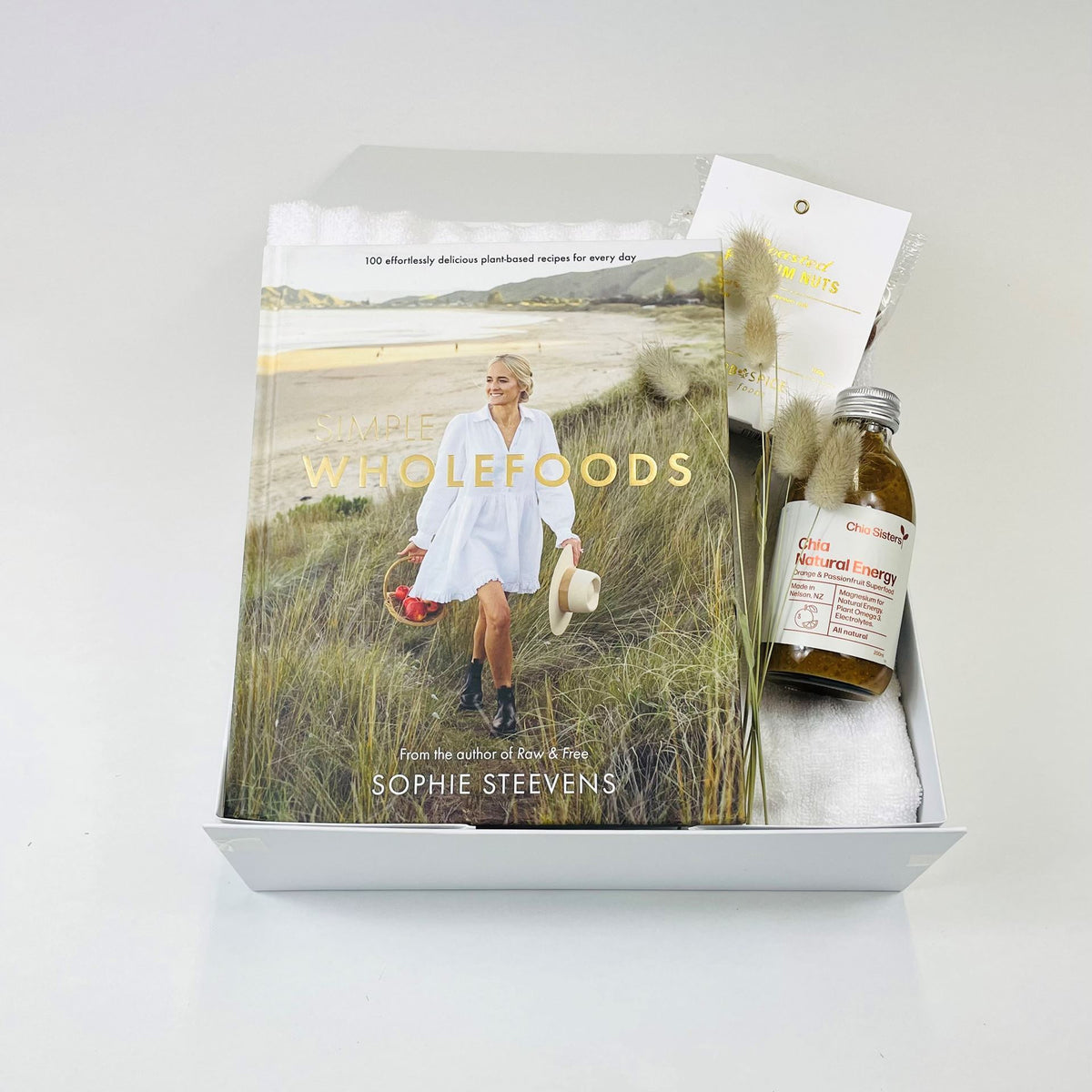 Wellness Food Gift Box with healthy cookbook, Chia Sisters superfood drink and premium nuts, beautifully gift wrapped in a New Zealand gift hamper