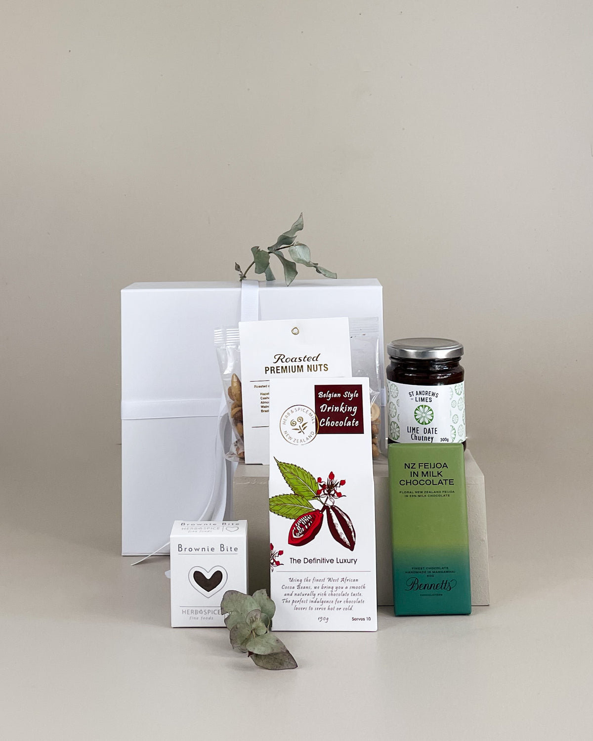 Thoughtful gift box for her NZ with drinking chocolate chocolate nuts and chutney for a comforting care package