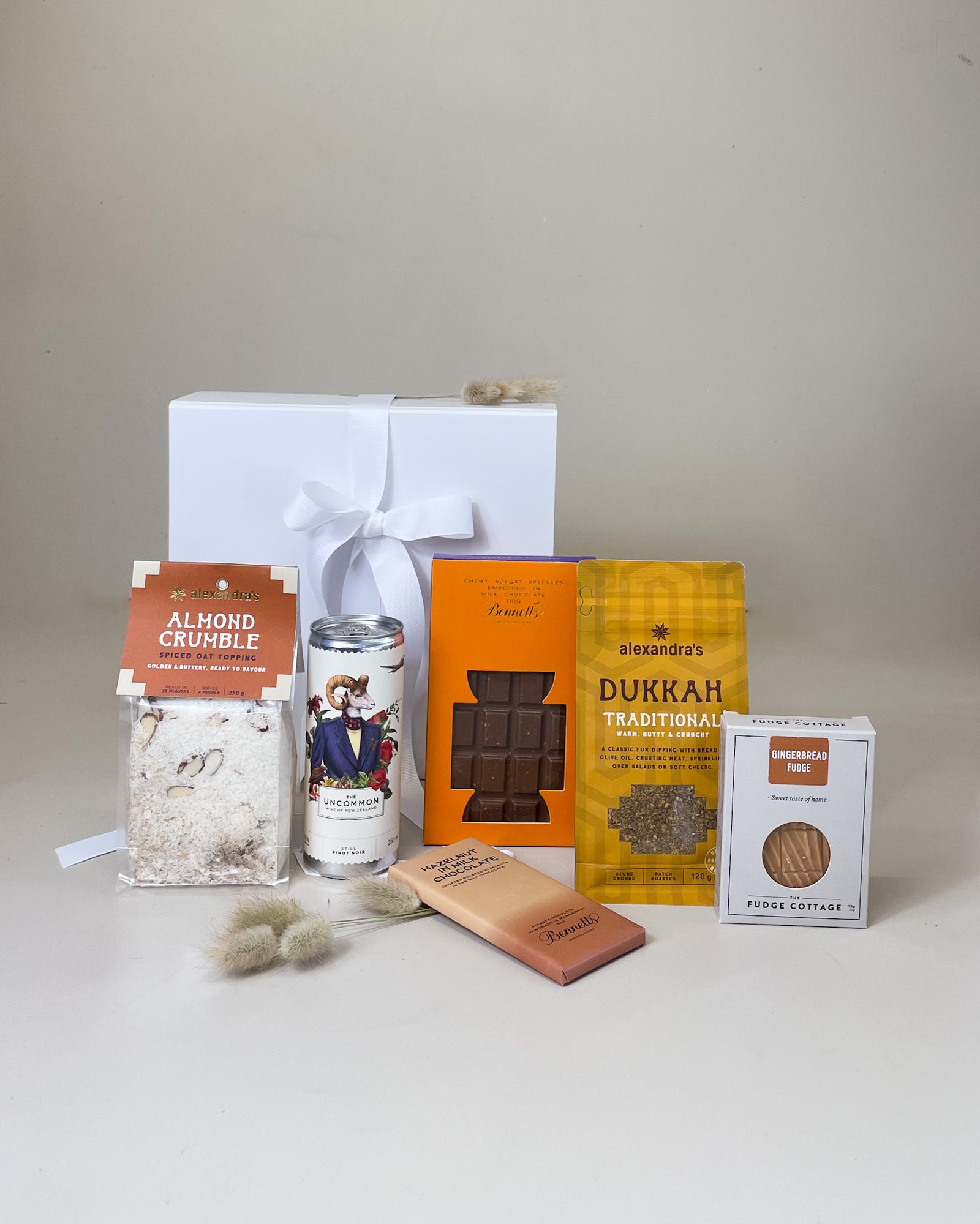 Treats for Her Gift Box with NZ-made wine or juice, nougat and gourmet treats