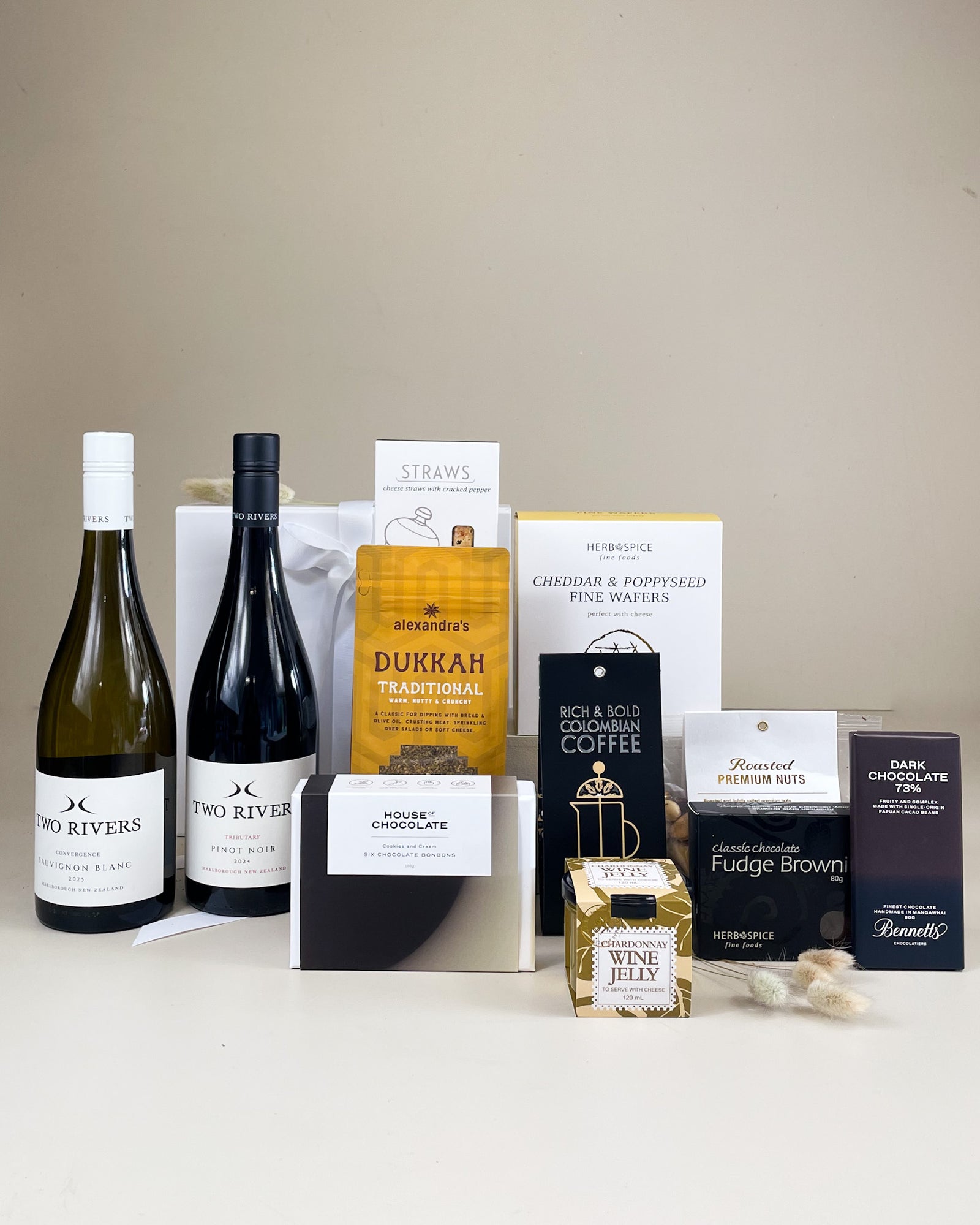 Ultimate Wine & Gourmet Gift Box with two bottles of wine and premium New Zealand sweet and savoury gourmet treats.