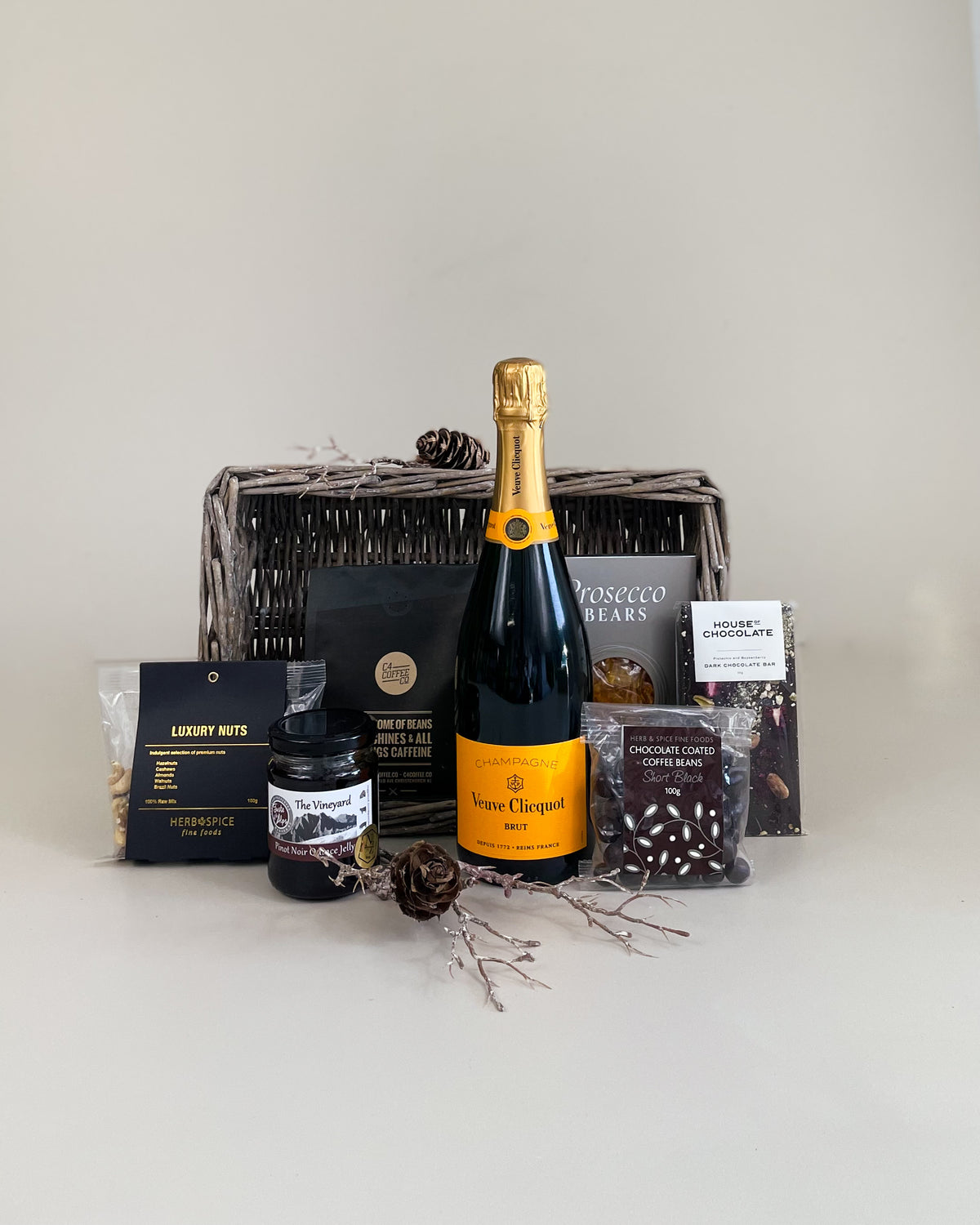 Veuve Clicquot Champagne luxury gift basket with New Zealand artisan gourmet treats, beautifully presented hamper ready for gifting