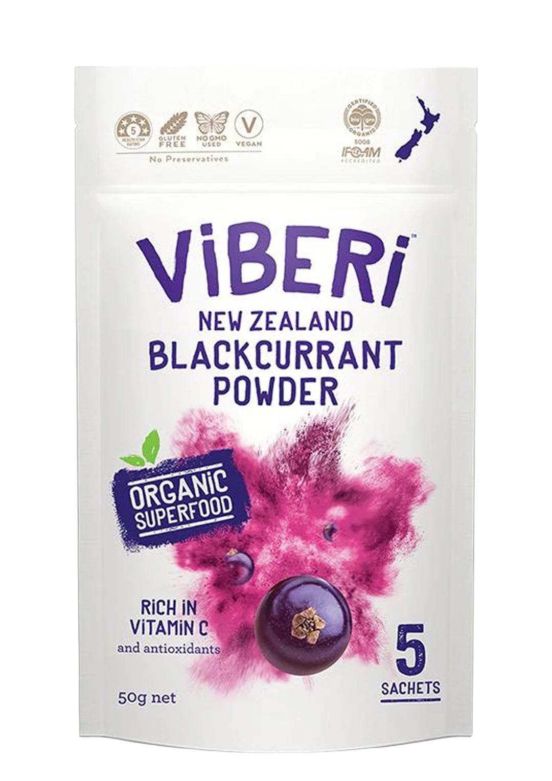 Organic ViBERi blackcurrant powder sachets made from New Zealand blackcurrants, natural wholefood wellness drink rich in Vitamin C and antioxidants.