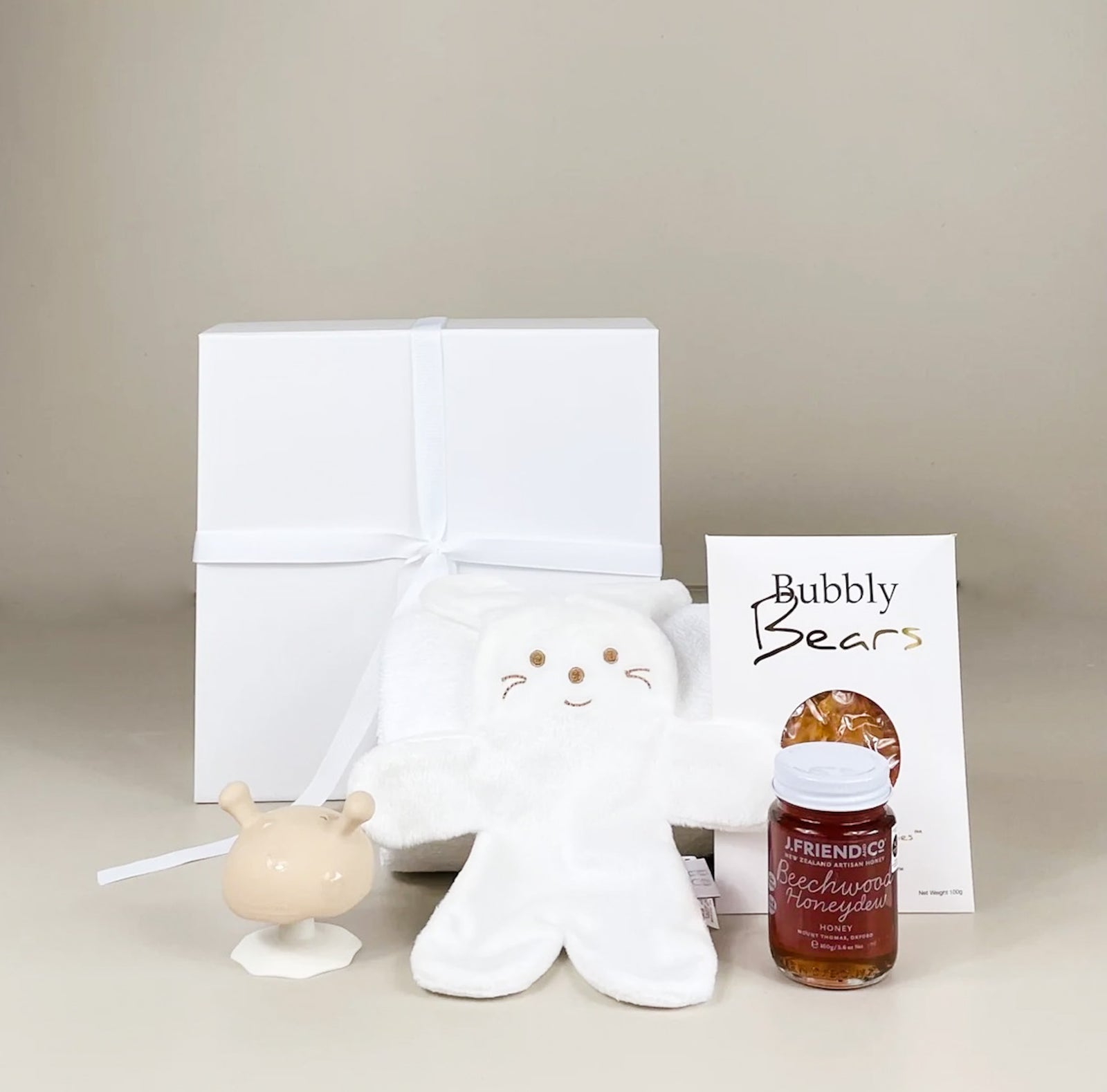 Welcome Little One newborn baby gift box with bunny comforter and natural honey mushroom teether