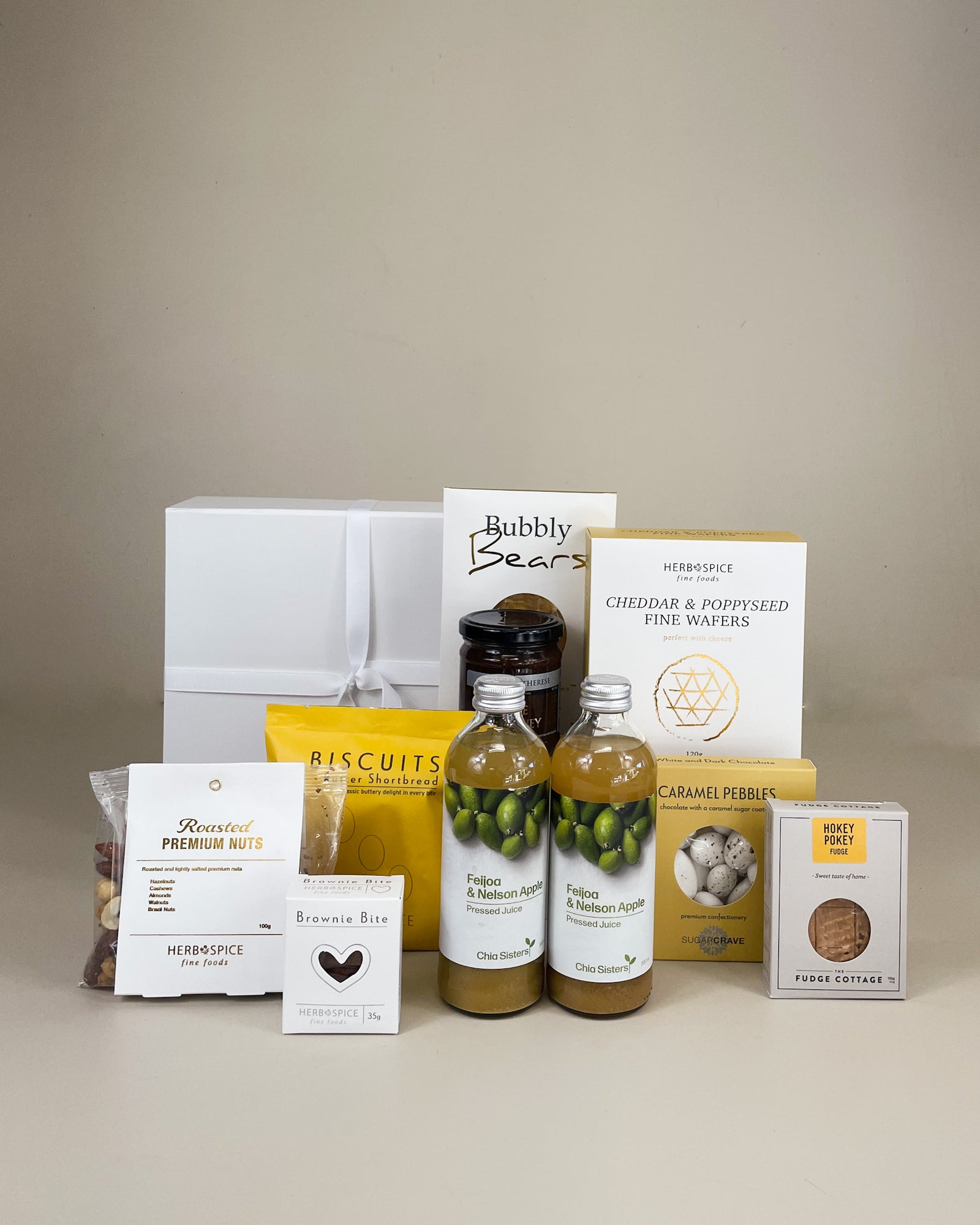 Winter Artisan Treats Gift Box with premium New Zealand artisan food, gourmet treats and beautifully presented winter gift hamper with ribbon.