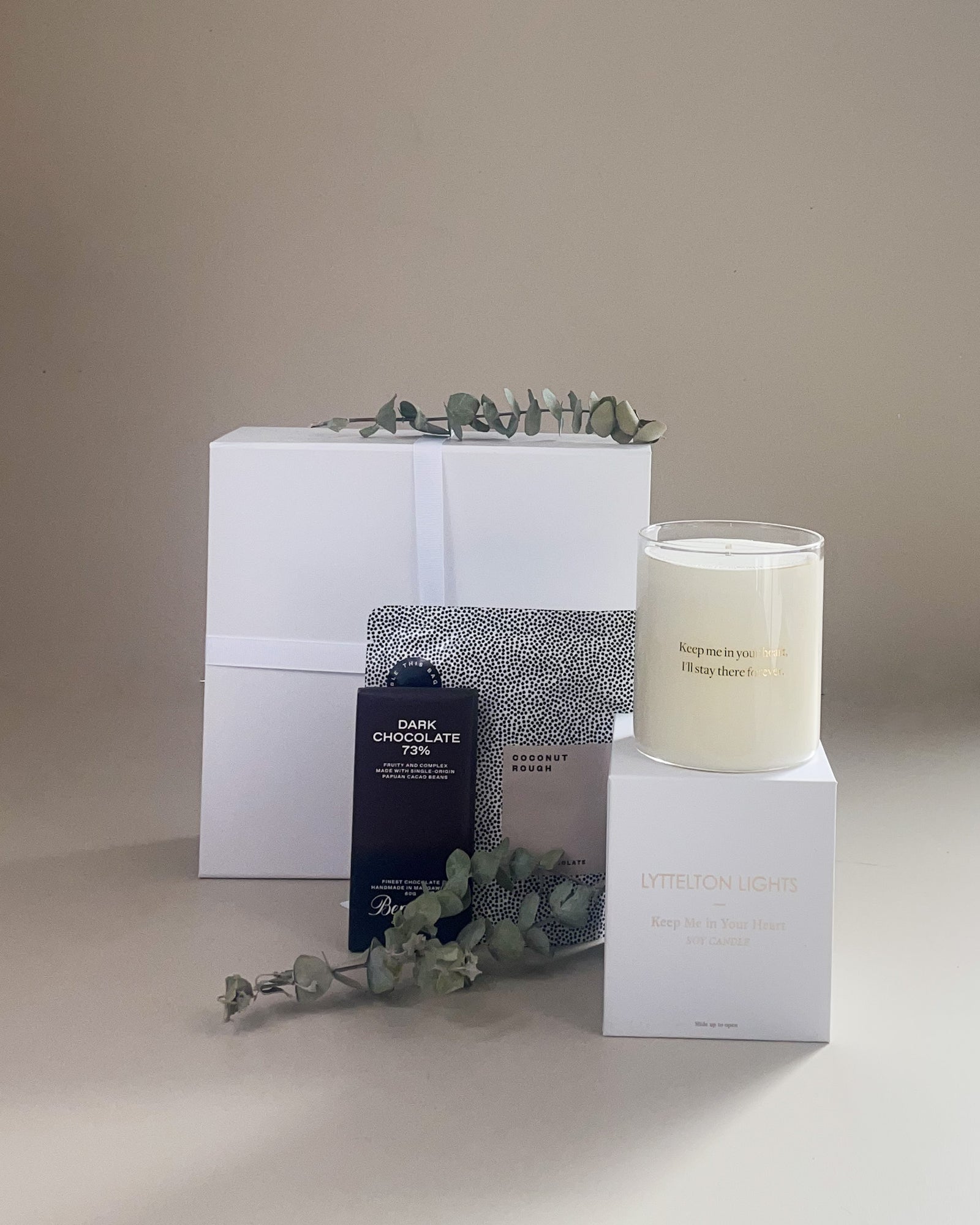 You Are In Our Thoughts gift box NZ with keepsake candle and gourmet chocolate, thoughtful sympathy gift New Zealand