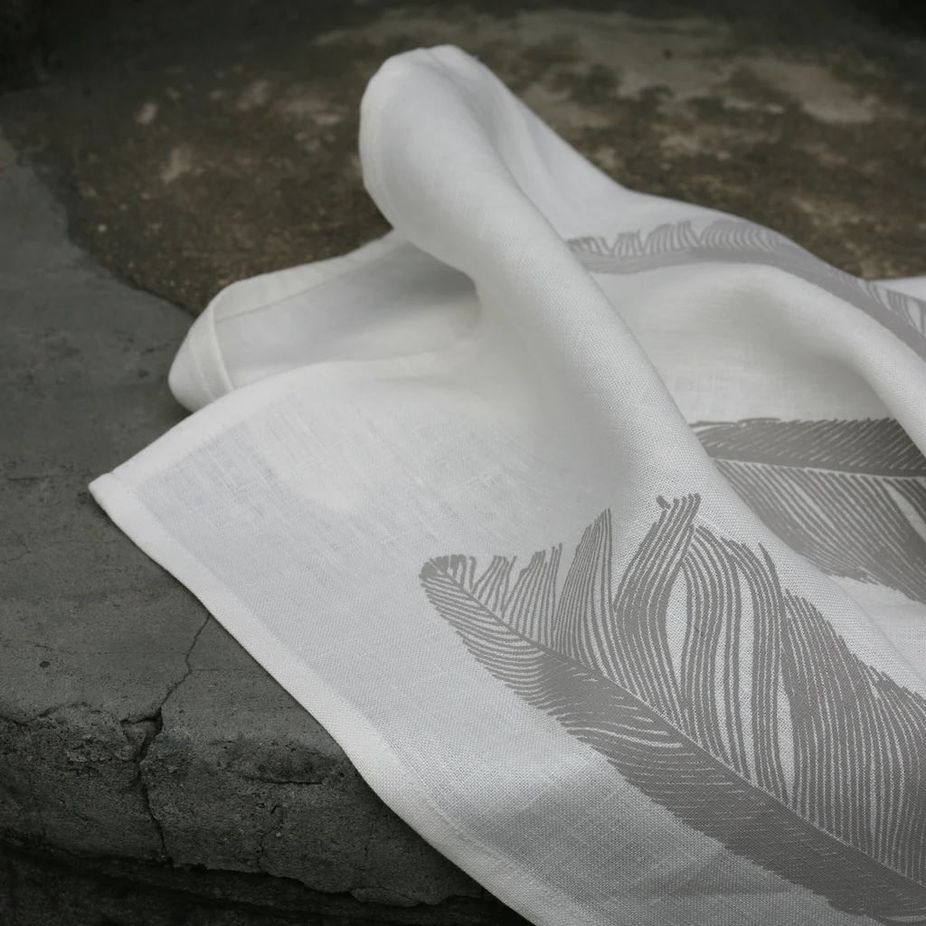 Cream Feather Linen Tea Towel