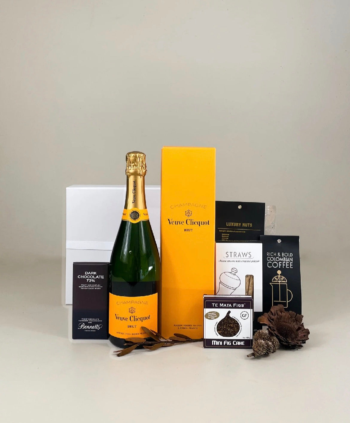 Veuve Clicquot Champagne Gift Basket with New Zealand artisan treats, luxury corporate gift hamper for birthdays and celebrations